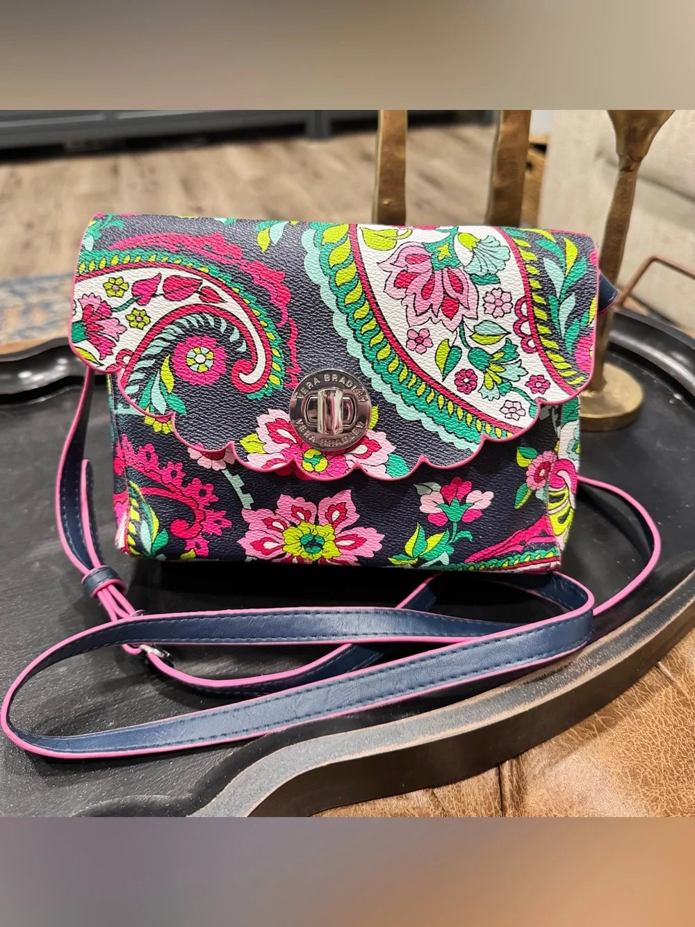 Vera Bradley Navy Floral Scalloped Crossbody with Pink & Green Accents